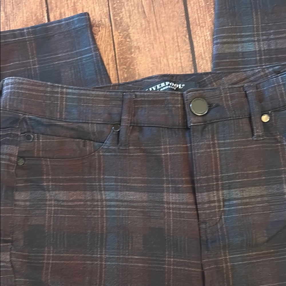 Liverpool Ponte Knit Pull On Dark Plaid Trousers Sz 10/30 - Picture 4 of 6